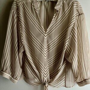 Habitual Women’s Tan Beige 3/4 Sleeve Sheer Front Knot Blouse
